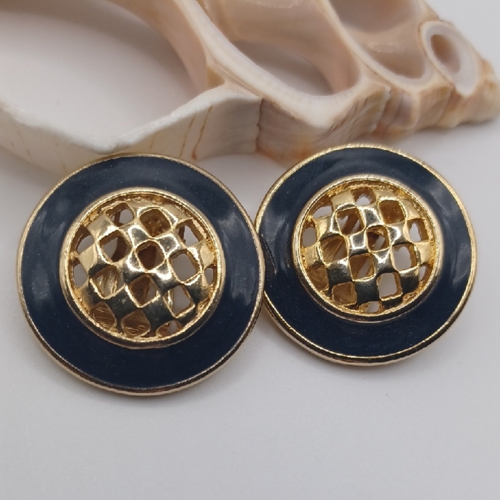 Weekenders Gold Tone and Navy Blue Enamel Clip On Earrings